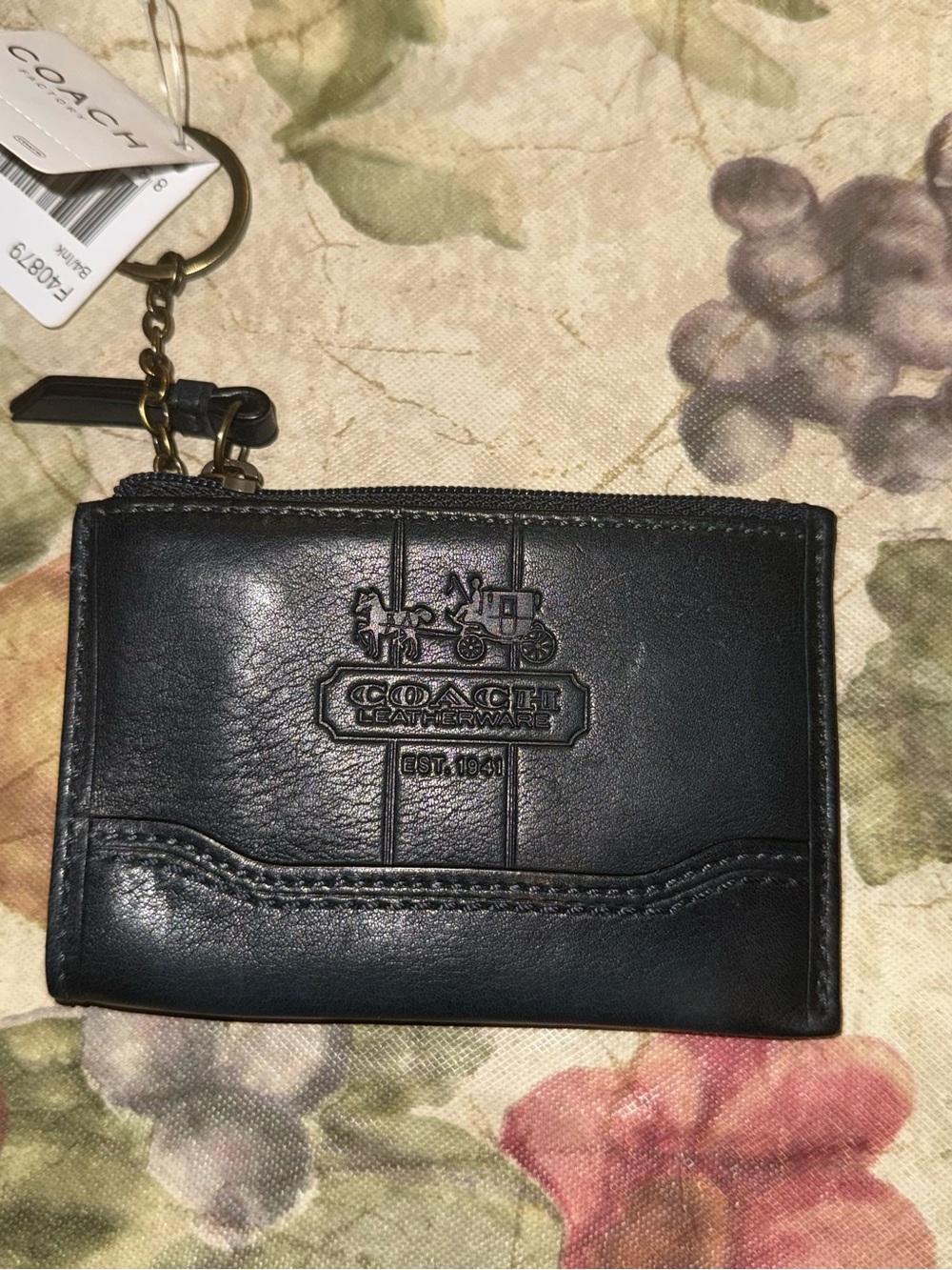 Coach Black Leather Card Holder with Key Ring